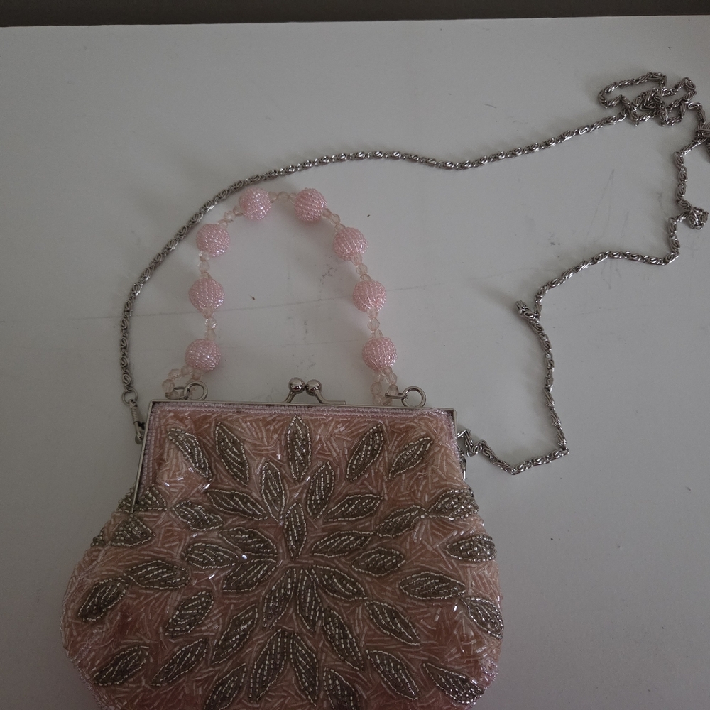 Pink Beaded Clutch with Silver Chain